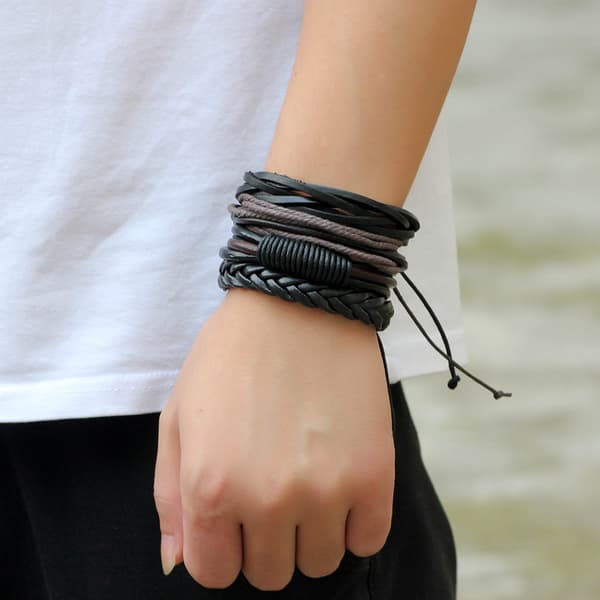 Herr Armband Set Pärlor Läder Stranded Flerskikts Flätad Rep
