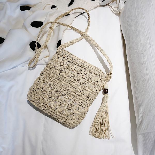 Halm taske, håndlavet boheme-stil halm strandtaske med skulder