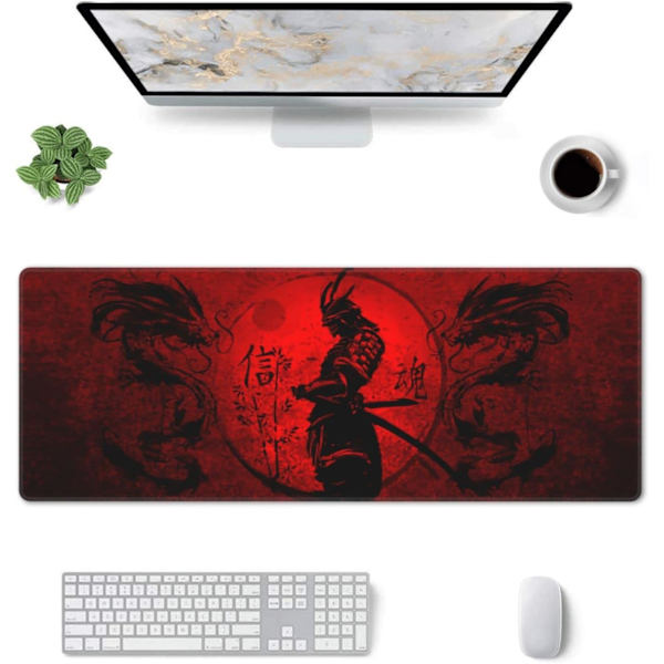 Japansk Samurai Cool Anime Rød og Sort Drage Musemåtte 31,5 x 11,8 Tommer Udvidet Skrivebordsmatte, Skridsikker Gummibund Syet
