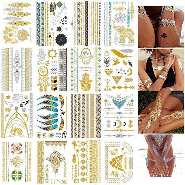 16 ark metalliska tillfälliga tatueringar för kvinnor tonåringar flickor - guld