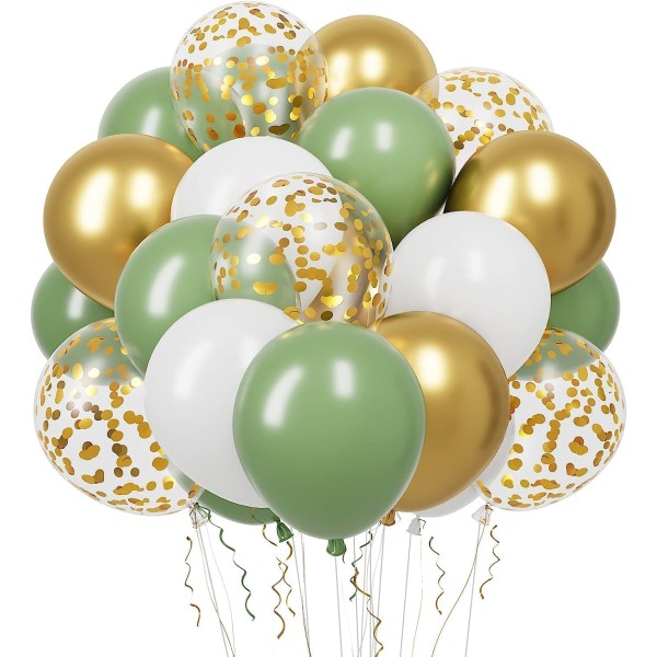 60 stk. Retro Balloner Grøn Hvid Guld Konfet Latex Balloner, G