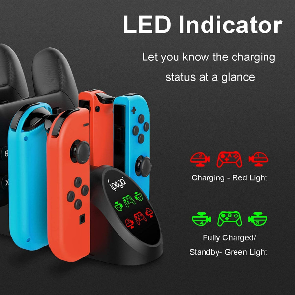 6 i 1 LED-opladerdocking, kompatibel med Joy Cons og controller