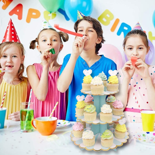 (Blå 32cm*30cm) 3-vånings cupcake-ställ kartong cupcake-ställ för