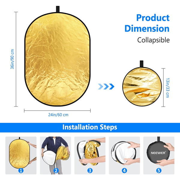 5 i 1 Fällbar Ljusreflektor 60x90cm 24x36tum Guld Silver