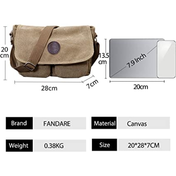 10" skulderveske i lerret (unisex Khaki), iPad Messenger Bag, menn/