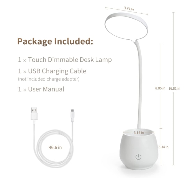 Skrivebordslampe for sovesal for hjemmekontor, liten oppladbar LED-bordslampe