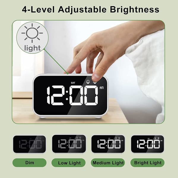 Hvit LED digital alarmklokke med slumrefunksjon, 2 alarmer, Mi