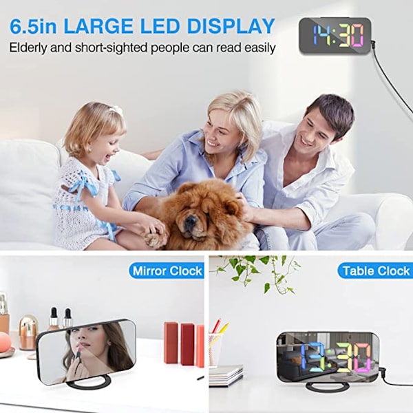 Svart väckarklocka med dimbar LED-display, digital klocka, Di