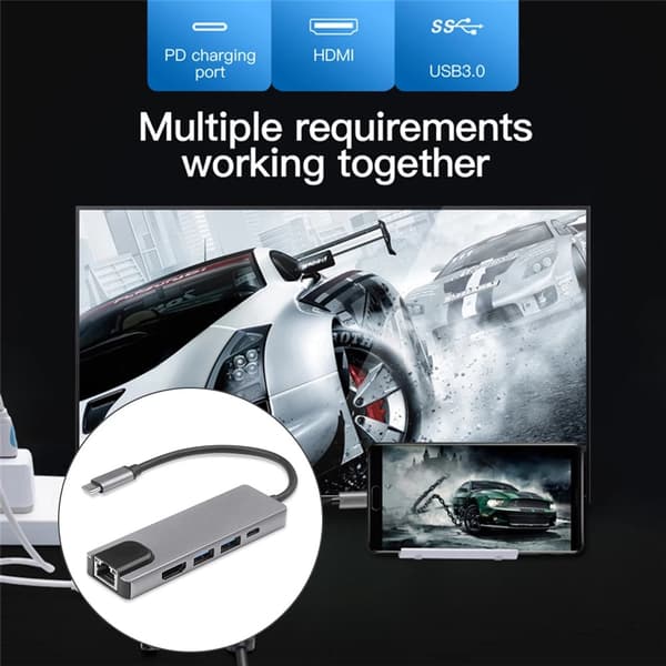 USB-dokkingstasjon for datamaskin, 5 i 1 USB-C-hub til HDMI-adapter