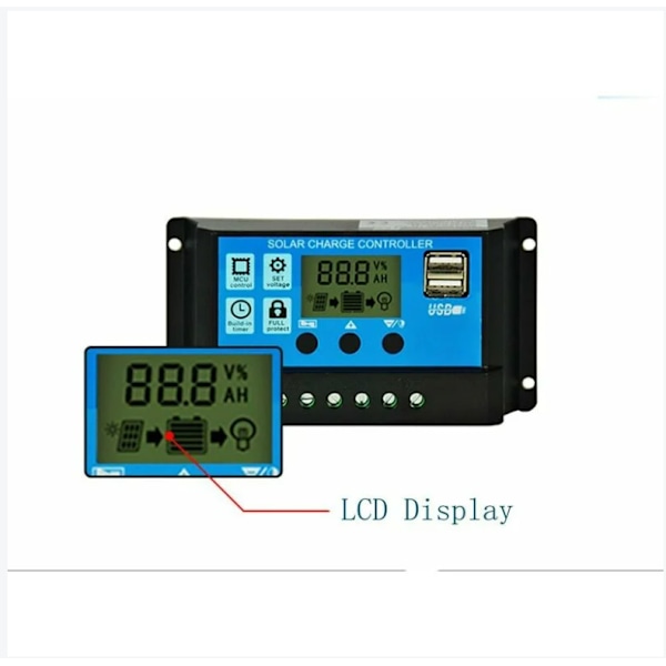 Solcellepanel-laderegulator, 12V/24V, 30A, LCD-display, dobbelt USB