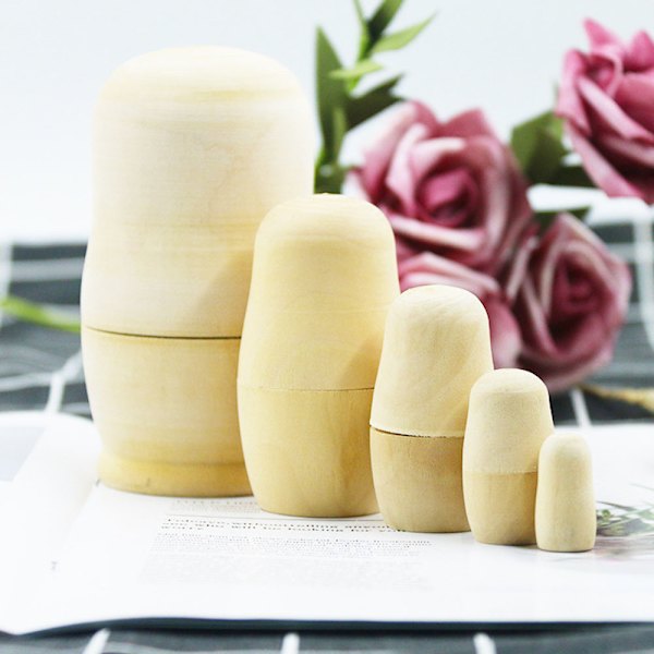 Set med 5 st Omålade Ryska Nesting Dolls, Blanka Dockor, Gör Din Egen Docka