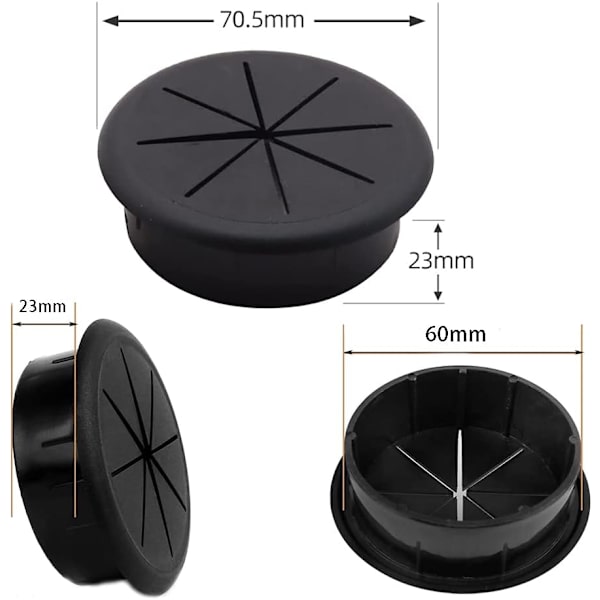 6 kappaletta muovisia pöytäläpivientejä, pöytäläpivienti, pyöreä kaapeliläpivienti, muovinen kaapeliläpivienti, 60 mm joustava ABS-läpivienti kotiin, toimistoon, opiskeluun (musta)