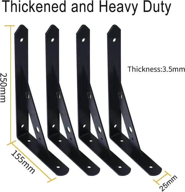 4-pack vägghyllkonsol, 250 mm kraftig metallkonsol, svart triangulär vägghyllkonsol, 90 graders väggfäste