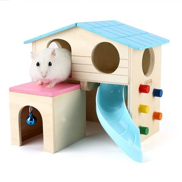 (blå) Hamsterhus i træ, lille dyr, gemmested, klatrende dreng