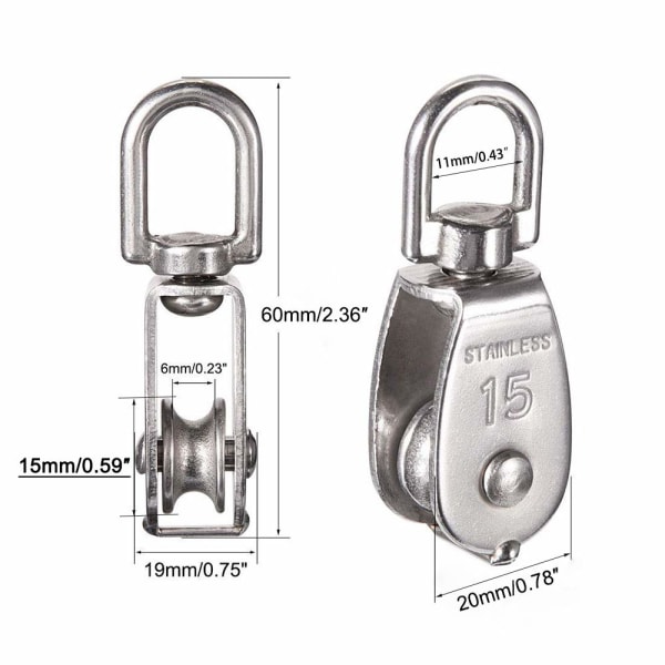 5 stk. M15 304 rustfrit stål enkelt remskive, 15MM enkelt træk