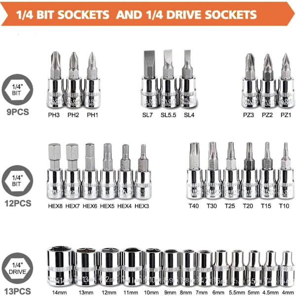 46-delad krom-vanadin hylsnyckelsats 1/4\" adaptersats hylslådesats för bil DIY