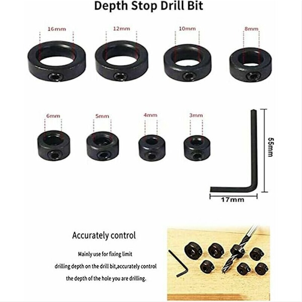 9 st Dowel Djupstopp Begränsare, Lokator Ring Borr Djupstopp, Djupstopp Borr, Positionerare, Lokator, Borr, Hex