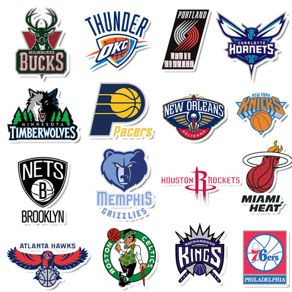 Sett med 32 NBA Basketball Association Basketball-klistremerker. Lakers, Chicago Bulls, Orlando Magic eller mer