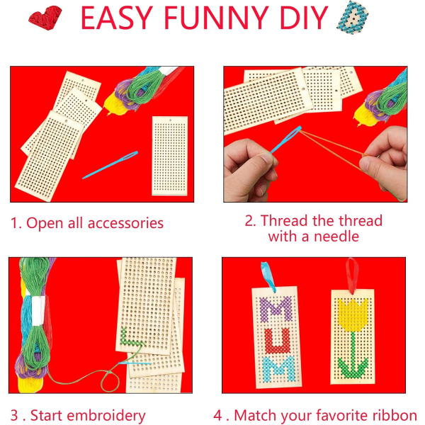 Korsstingssæt, 4 pakninger broderisæt til begyndere, korssting broderisæt med korssting ramme, nåle, tråde, bånd til børn begyndere, DIY-projekt, kunsthåndværk.