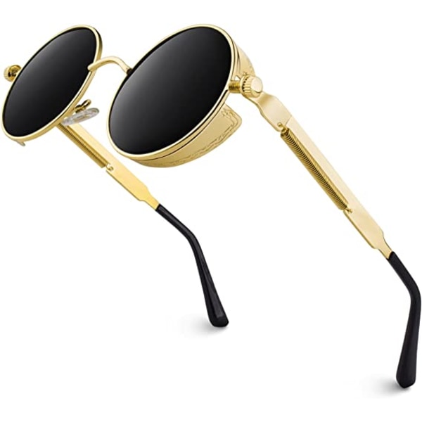 Vintage runda polariserade steampunk solglasögon (guld båge och bla
