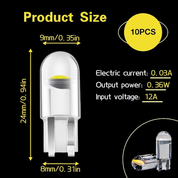 (10 KPL) W5W T10 LED-autopolttimot - Auton sisävalot (valkoinen)