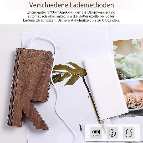 Træ folde boglampe, R-formet LED boglys, USB genopladelig