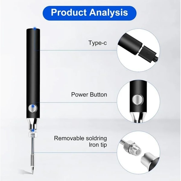 Svart Metall Lödkolv Kit, USB Laddningsbart, med 3 Lödspetsar.