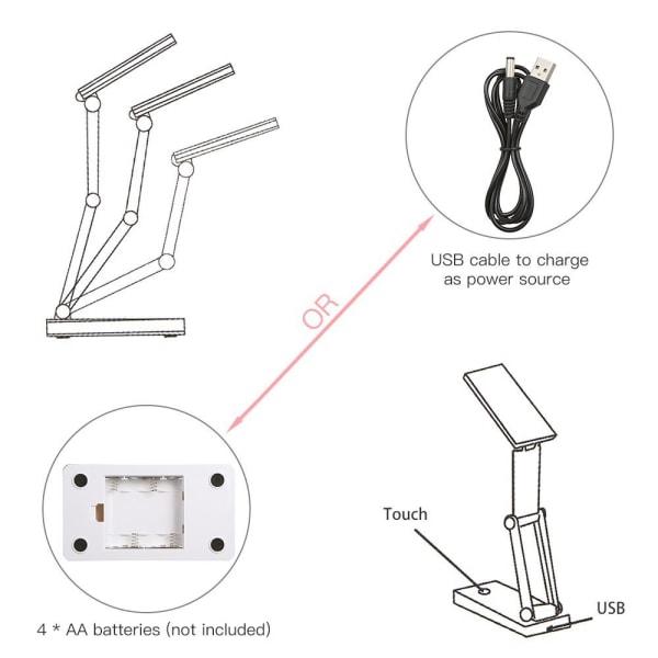 Sammenfoldelig bærbar trådløs USB genopladelig bordlampe, 3 tilstande