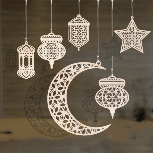 9 stykker træ vedhæng Ornamenter Hul dekoration Ramadan Kare