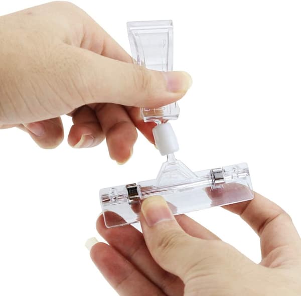 15-pack plastvaruskyltar med snurrande pop-klämma, skylthållare