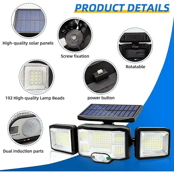 Utendørs solcelle vegglampe LED-lampe 3 hoder 192 LED-er bevegelsessensor S