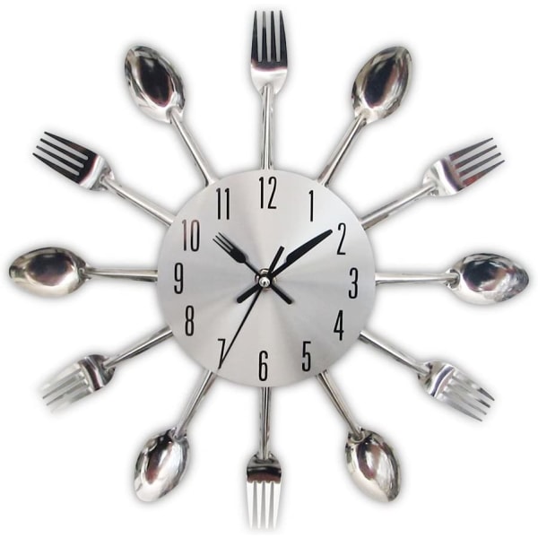 Mirror Effect Kitchen Clock with Spoon, Fork, 3D Removable Stick