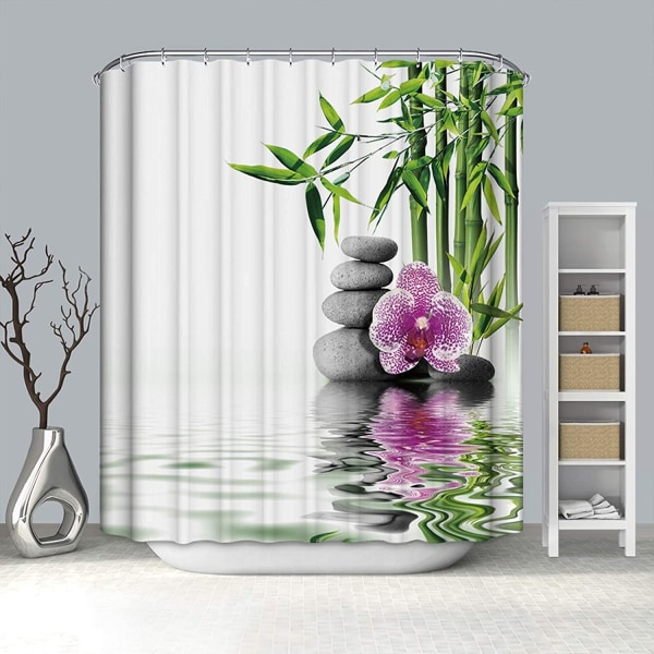 120 x 180 CM-White Shower Curtain with Hook Flower Pink Bamboo S