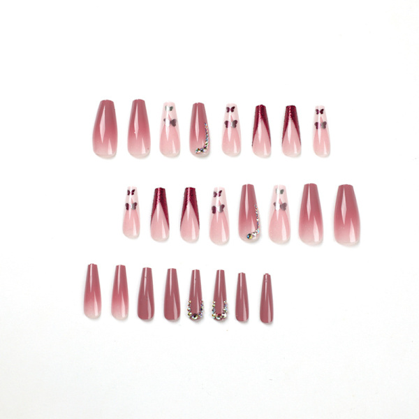 Rosa falske negler med rhinestones og glitter, sommerfugl, rosa, lange (24 stk)