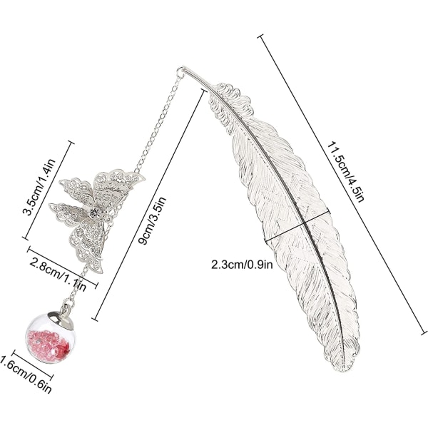 Metallfjærbokmerke med sommerfugl og evig tørr blomst Gla