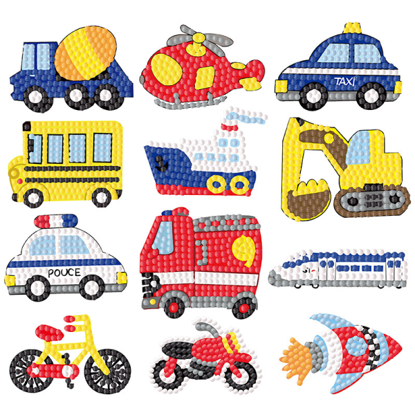 12 stykker Transport Diamond Painting Stickers for Kids, DIY