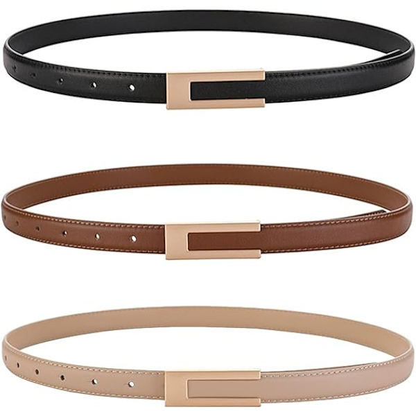 3PCS (Sort + Kamel + Khaki) Damebælte Klassisk Læderbælte Elegant Tynde Bælter Enkelt Bælte Justerbart Bælte til Jeans Bukser Kjole Casual Dekor 105cm