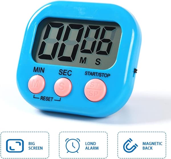 Blå magnetisk køkkentimer med stort LCD-display, timer til co