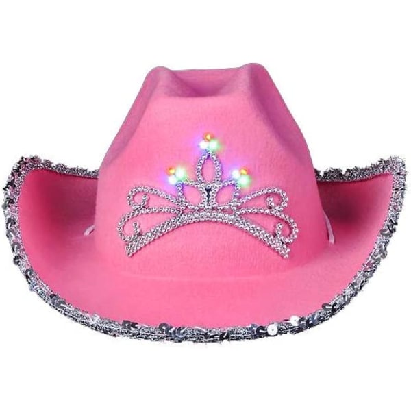 Nyhed, lyserød cowboyhat til voksne med blinkende tiara (1-pakke)