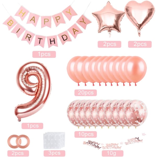 9 fødselsdagspigeballon, roseguld 9 ballon, 9 år gammel Bir