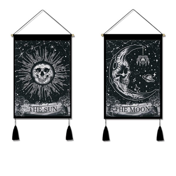 Sæt med 2 psykedeliske tarottapeter Skull Tapestry Sun the Moo