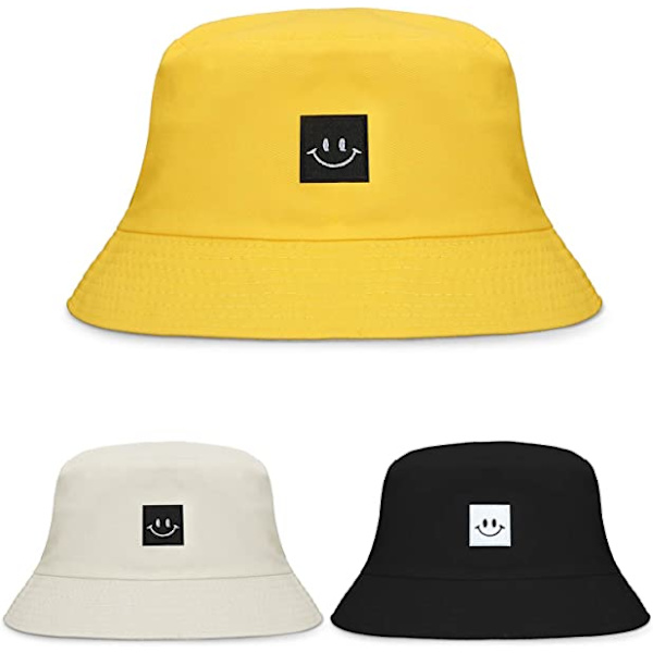 3 stk. Smilende bøttehatt strand solhatt unisex fiskerhatter