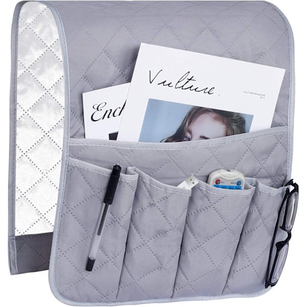 Armlenestol Armlenestøtte Organizer, Sofa Stol Beskytter Trekk, Henge Lommer Plassbesparende, Sklisikker Oppbevaringspose for Telefon, Bok, Magasiner, TV-fjernkontroll, Grå