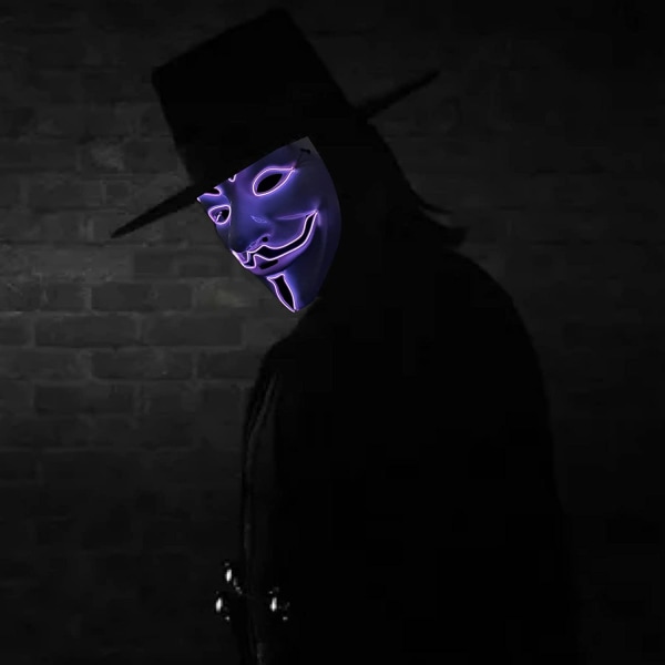 Blå LED-mask, lysande mask, vit V för vendetta Halloween