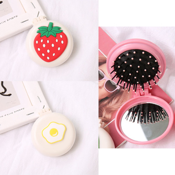 2 Packs Strawberry + Egg Foldable Travel Mirror Hair Brushes Por