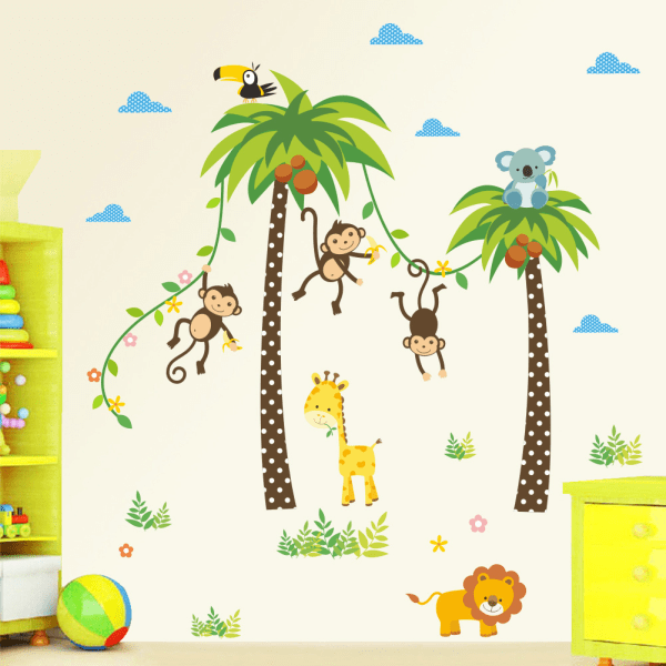 4 kpl sarjakuvaa kookospuu apina lastenhuoneen seinä dec