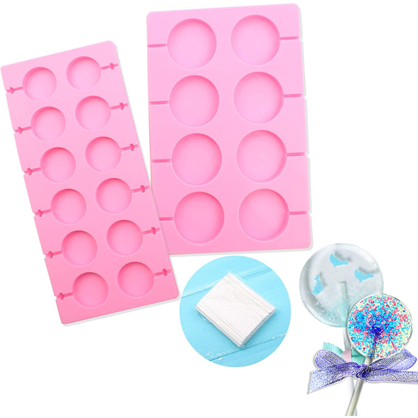 Set of 2 round silicone candy molds with 40 paper sticks for mak