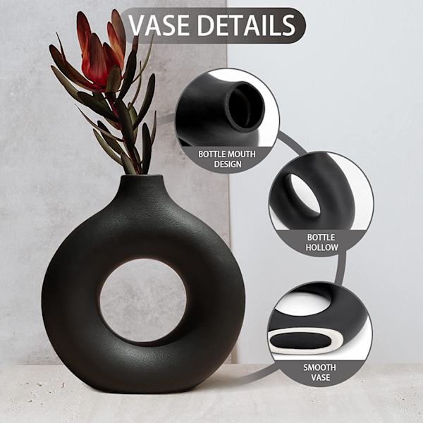Sort Keramisk Vase Nordisk Cirkulær Mat Hul Donut Blomst