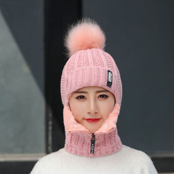 1 topp ull stickad mössa skidmössa set vindtät vinter utomhus pink