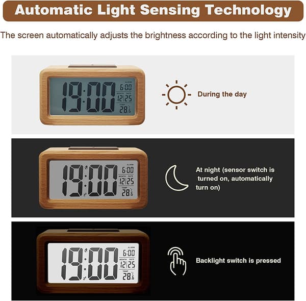 Trefjøs digital vekkerklokke, stor LED-skjerm, smart sensor natt